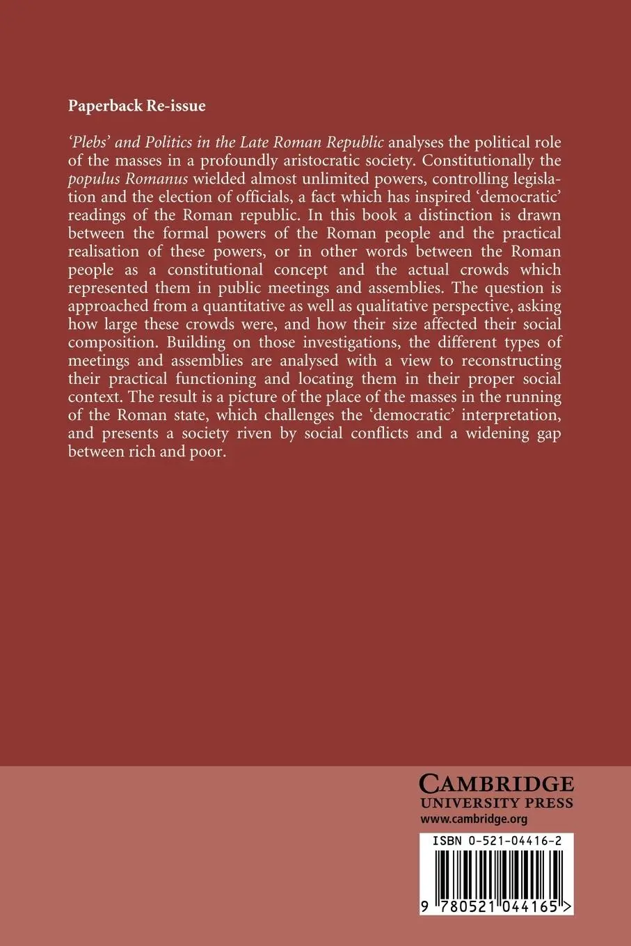 Rückseite: 9780521044165 | Plebs and Politics in the Late Roman Republic | Mouritsen (u. a.)