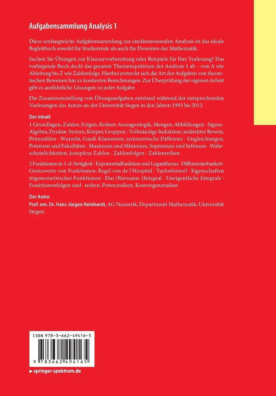 Rückseite: 9783662494165 | Aufgabensammlung Analysis 1 | mit mehr als 500 Übungen und Lösungen