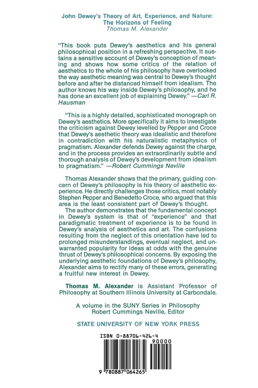 Rückseite: 9780887064265 | John Dewey's Theory of Art, Experience, and Nature | Alexander | Buch