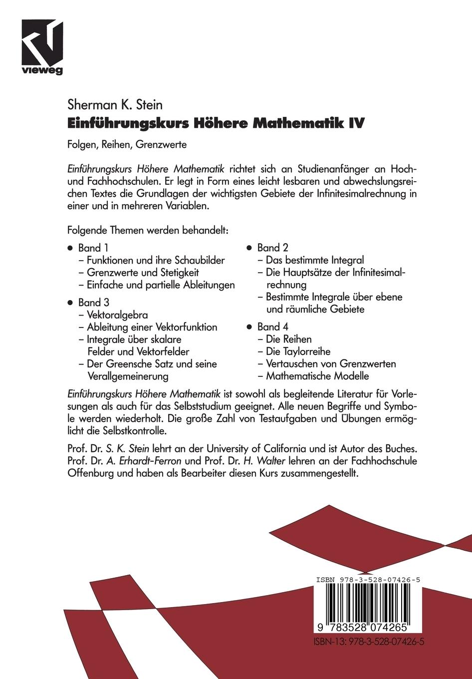 Rückseite: 9783528074265 | Einführungskurs Höhere Mathematik | Folgen, Reihen, Grenzwerte | Stein