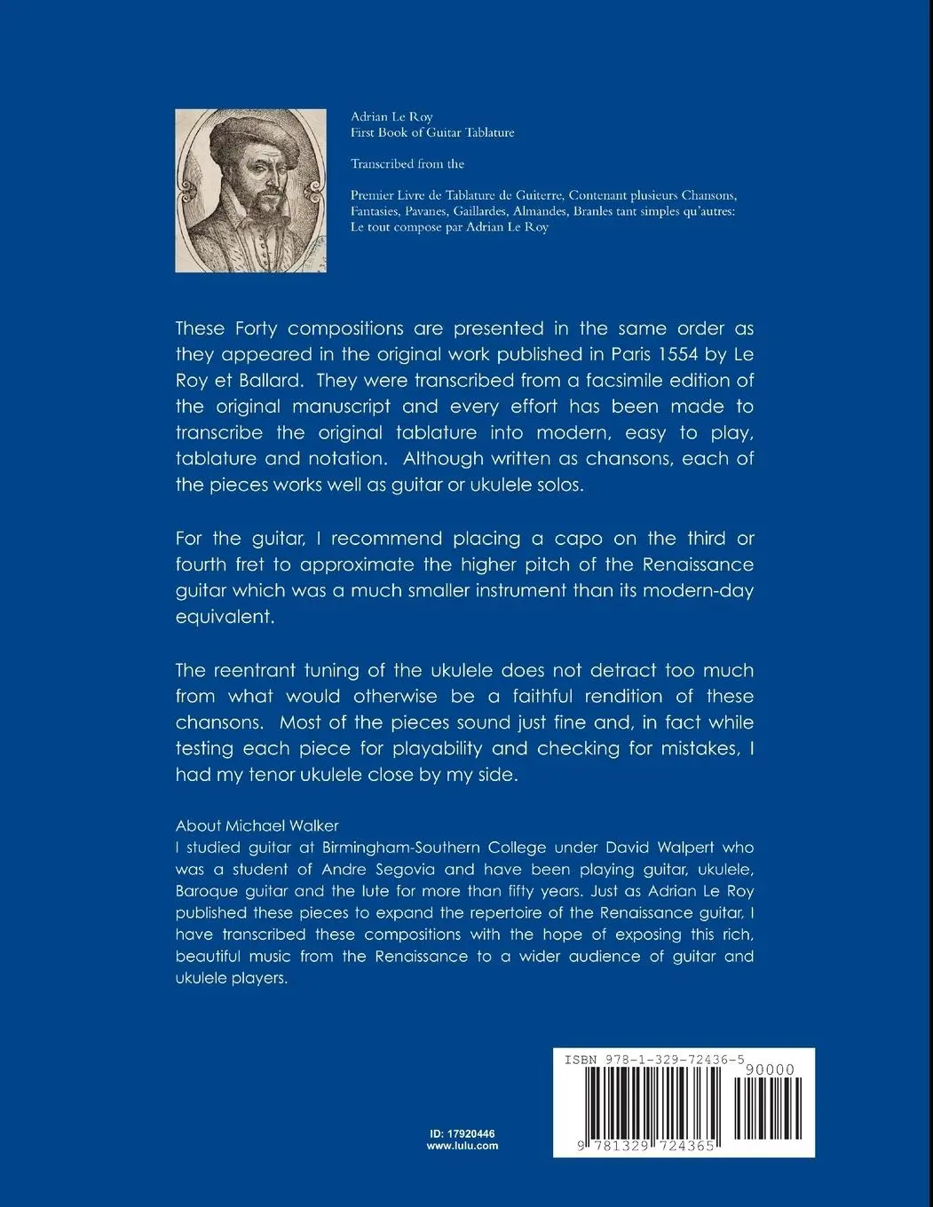 Rückseite: 9781329724365 | Adrian Le Roy First Book of Guitar Tablature | Michael Walker | Buch