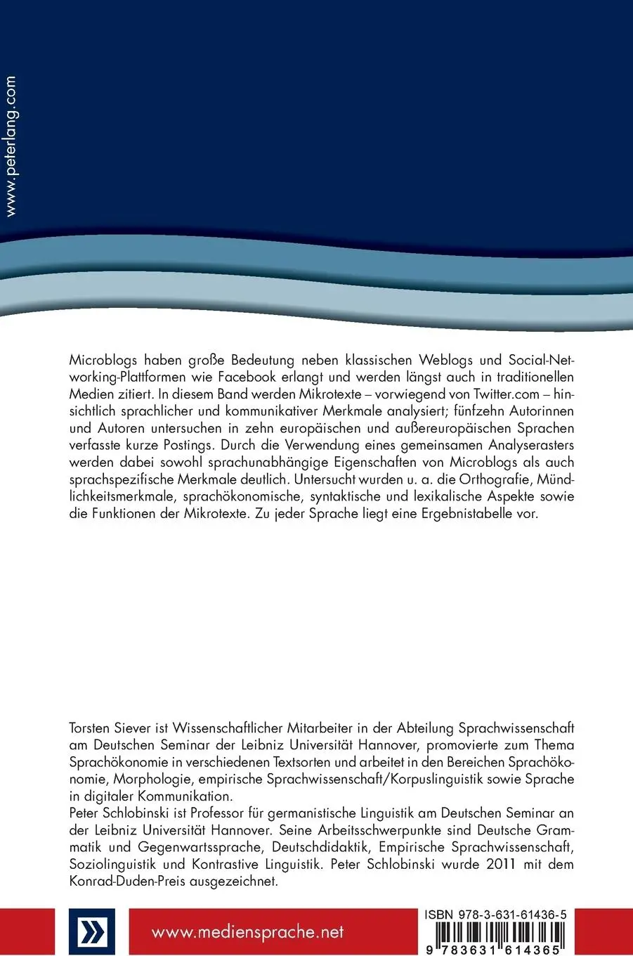 Rückseite: 9783631614365 | Microblogs global | Peter Schlobinski (u. a.) | Buch | Deutsch | 2013