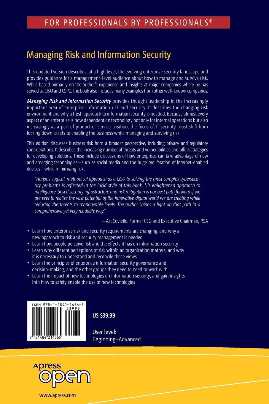 Rückseite: 9781484214565 | Managing Risk and Information Security | Protect to Enable | Harkins