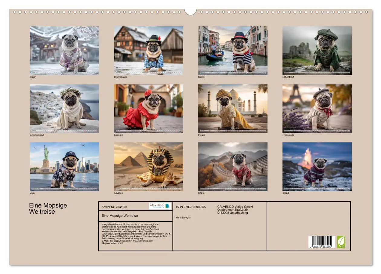 Bild: 9783516164565 | Eine Mopsige Weltreise (Wandkalender 2026 DIN A2 quer), CALVENDO...