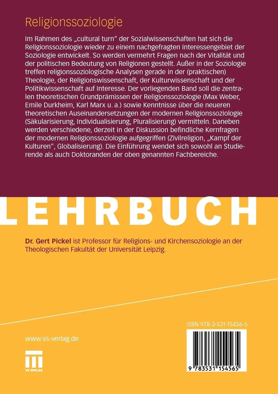 Rückseite: 9783531154565 | Religionssoziologie | Eine Einführung in zentrale Themenbereiche