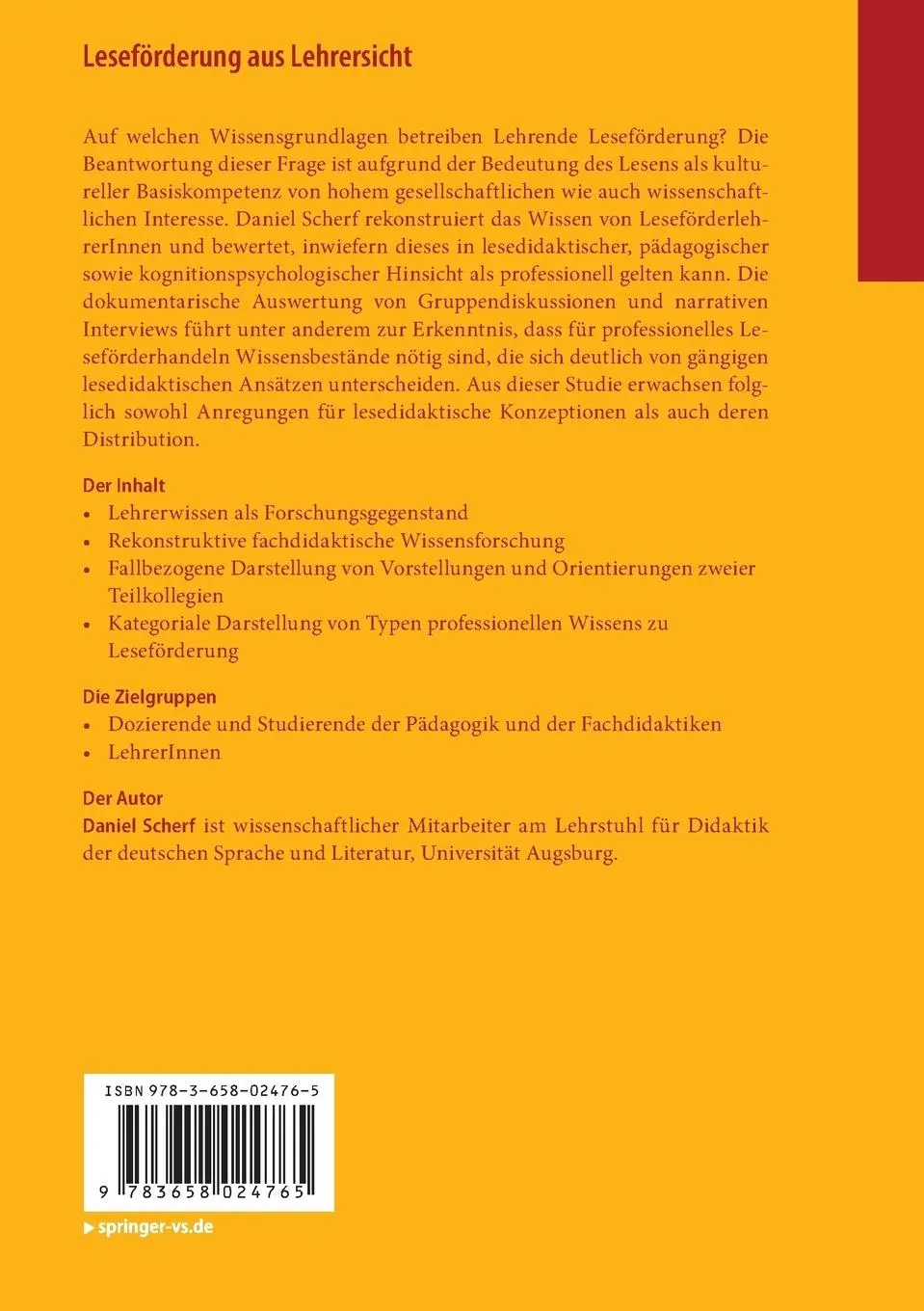 Rückseite: 9783658024765 | Leseförderung aus Lehrersicht | Daniel Scherf | Taschenbuch | viii