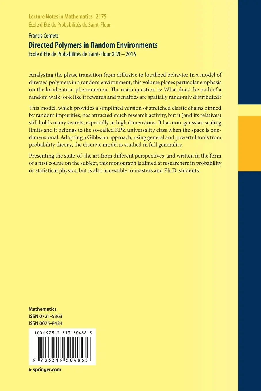 Rückseite: 9783319504865 | Directed Polymers in Random Environments | Francis Comets | Buch | xvi