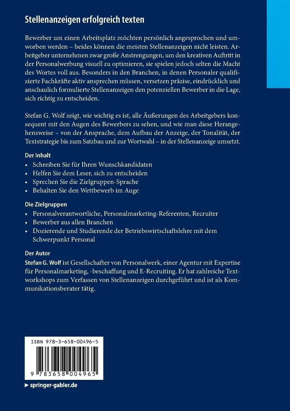 Rückseite: 9783658004965 | Stellenanzeigen erfolgreich texten | Stefan G. Wolf | Taschenbuch | vi