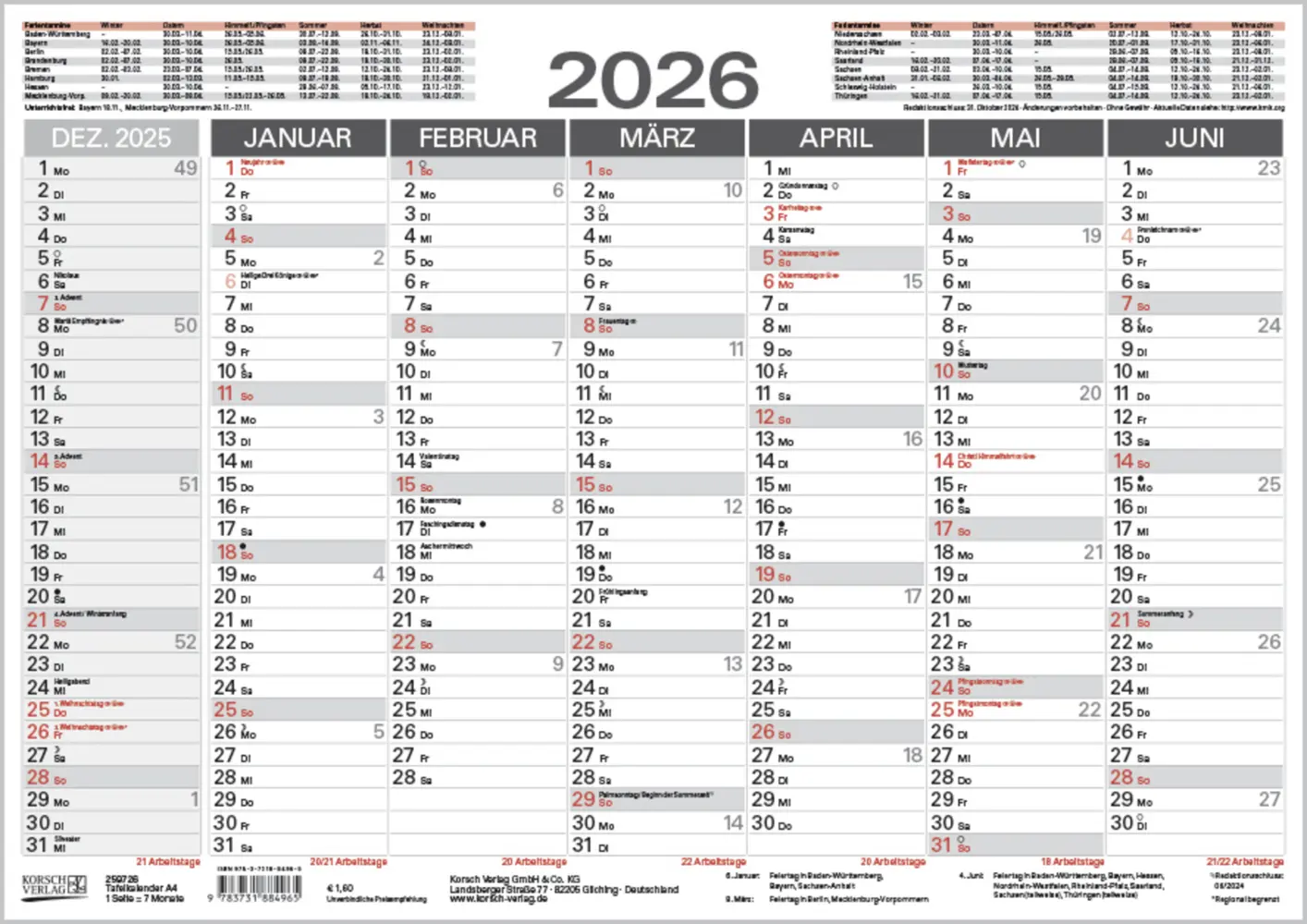 Cover: 9783731884965 | Tafelkalender A4 2026 | Korsch Verlag | Kalender | 1 S. | Deutsch