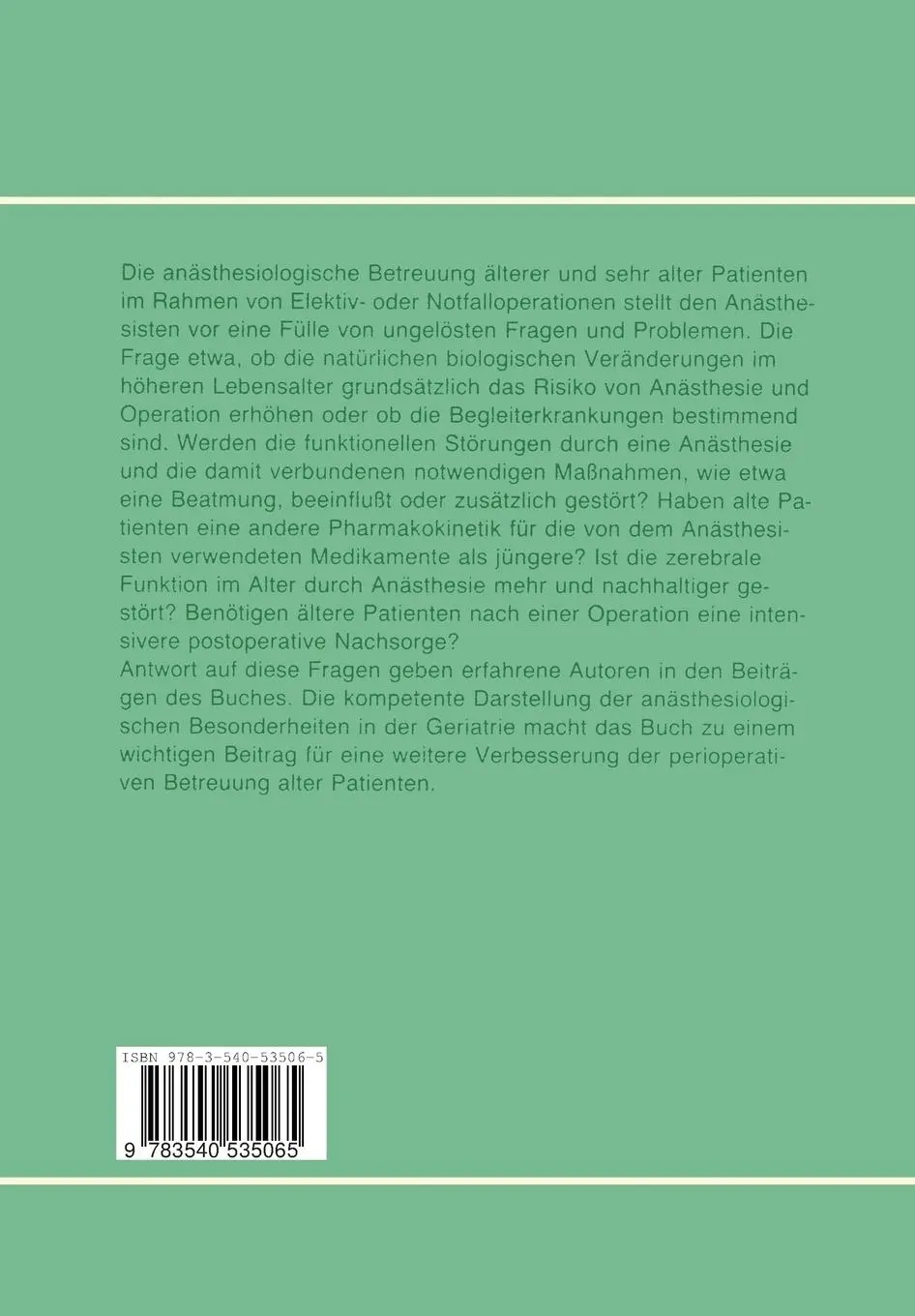Rückseite: 9783540535065 | Der geriatrische Patient in der Anaesthesie | Klaus Van Ackern (u. a.)