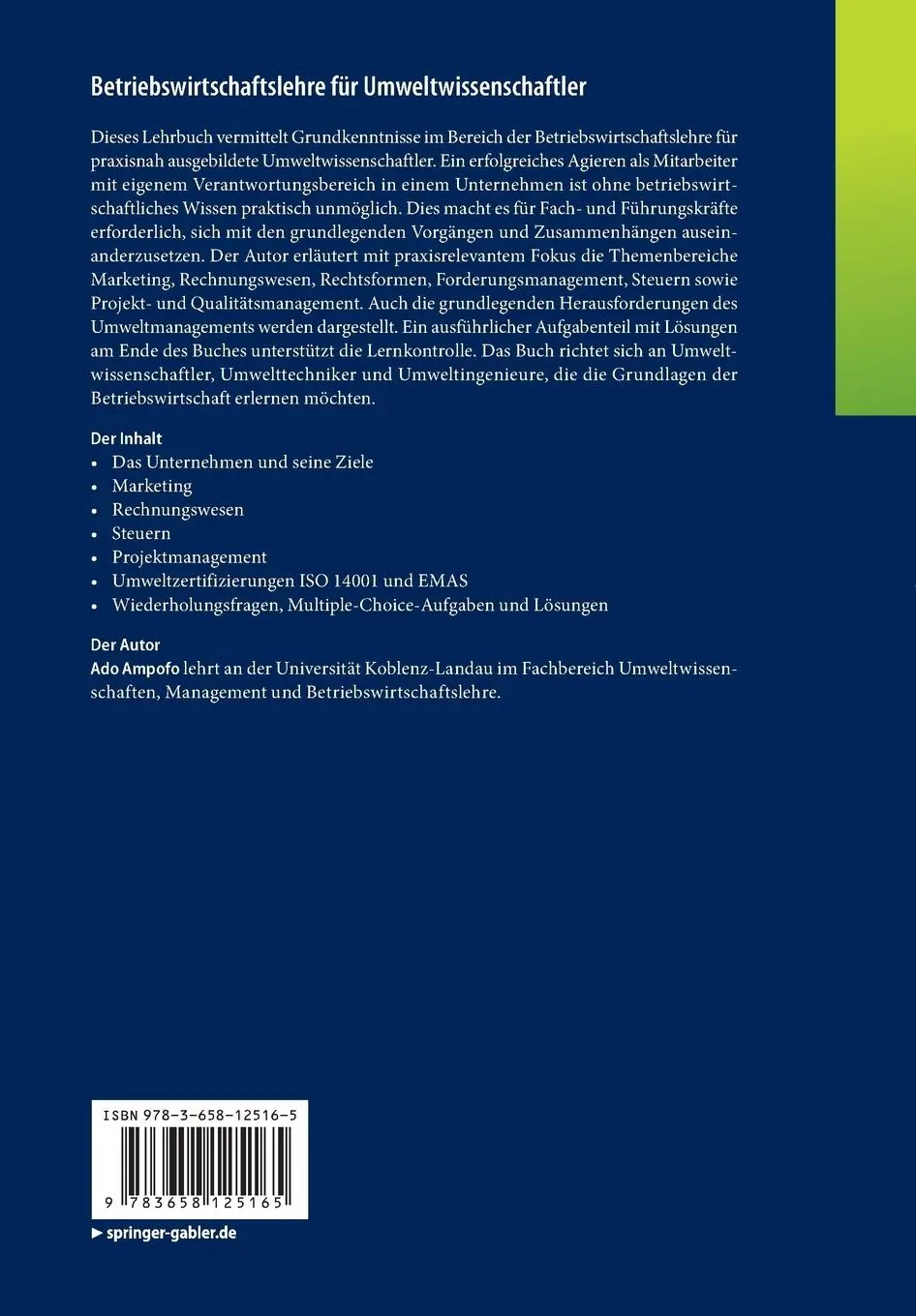 Rückseite: 9783658125165 | Betriebswirtschaftslehre für Umweltwissenschaftler | Ado Ampofo | Buch