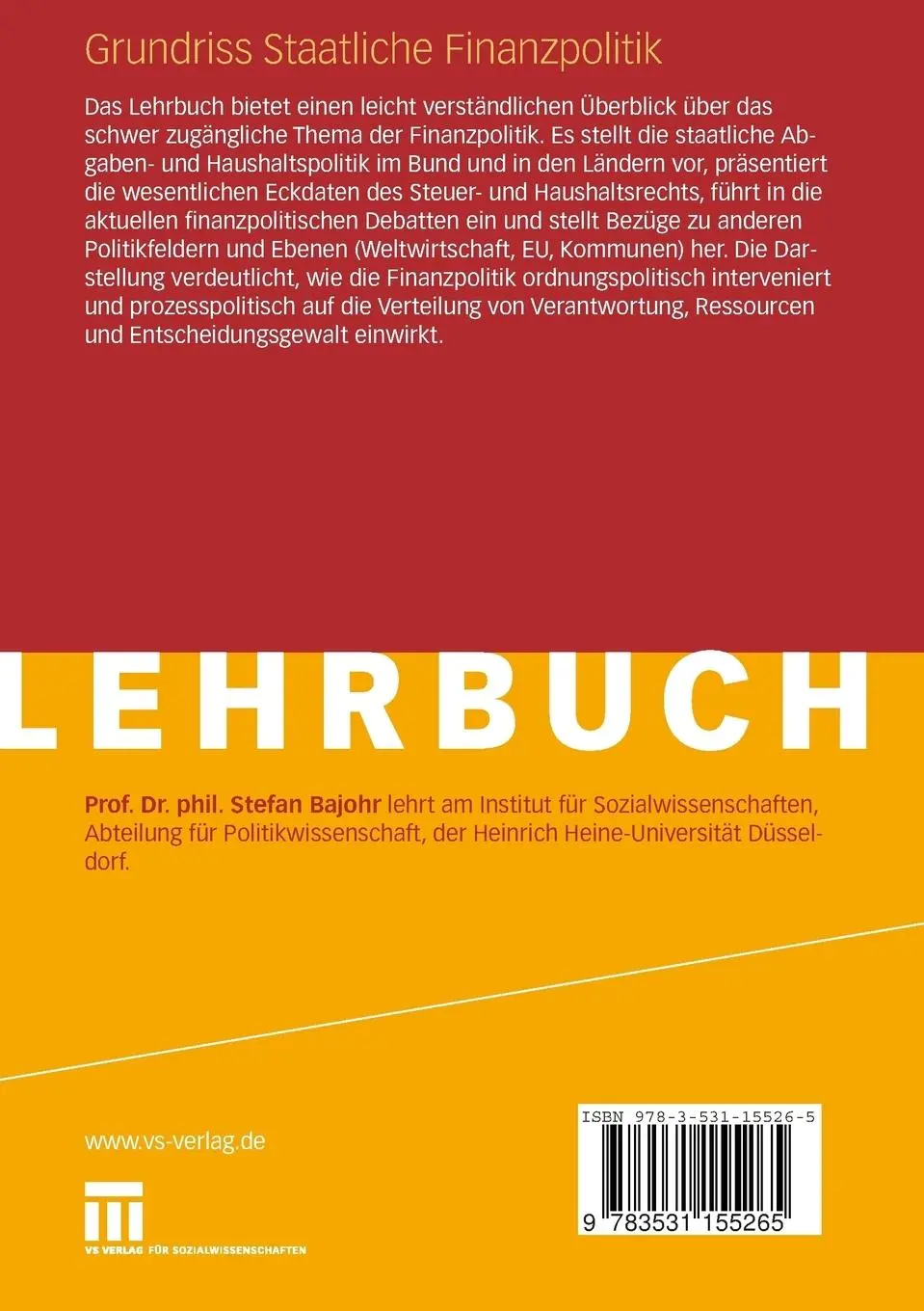 Rückseite: 9783531155265 | Grundriss Staatliche Finanzpolitik | Eine praktische Einführung | Buch