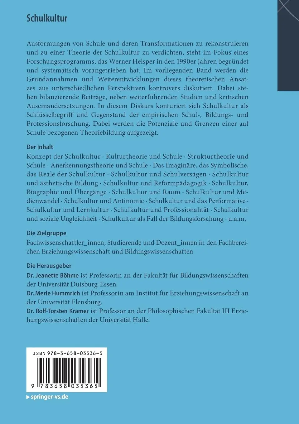 Rückseite: 9783658035365 | Schulkultur | Theoriebildung im Diskurs | Jeanette Böhme (u. a.)