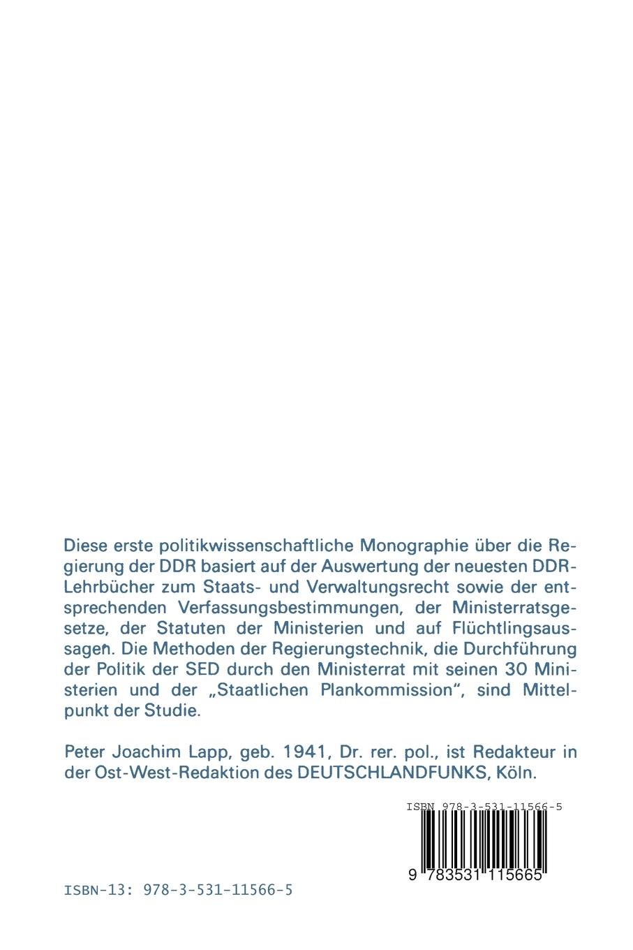 Rückseite: 9783531115665 | Der Ministerrat der DDR | Peter Joachim Lapp | Taschenbuch | 292 S.