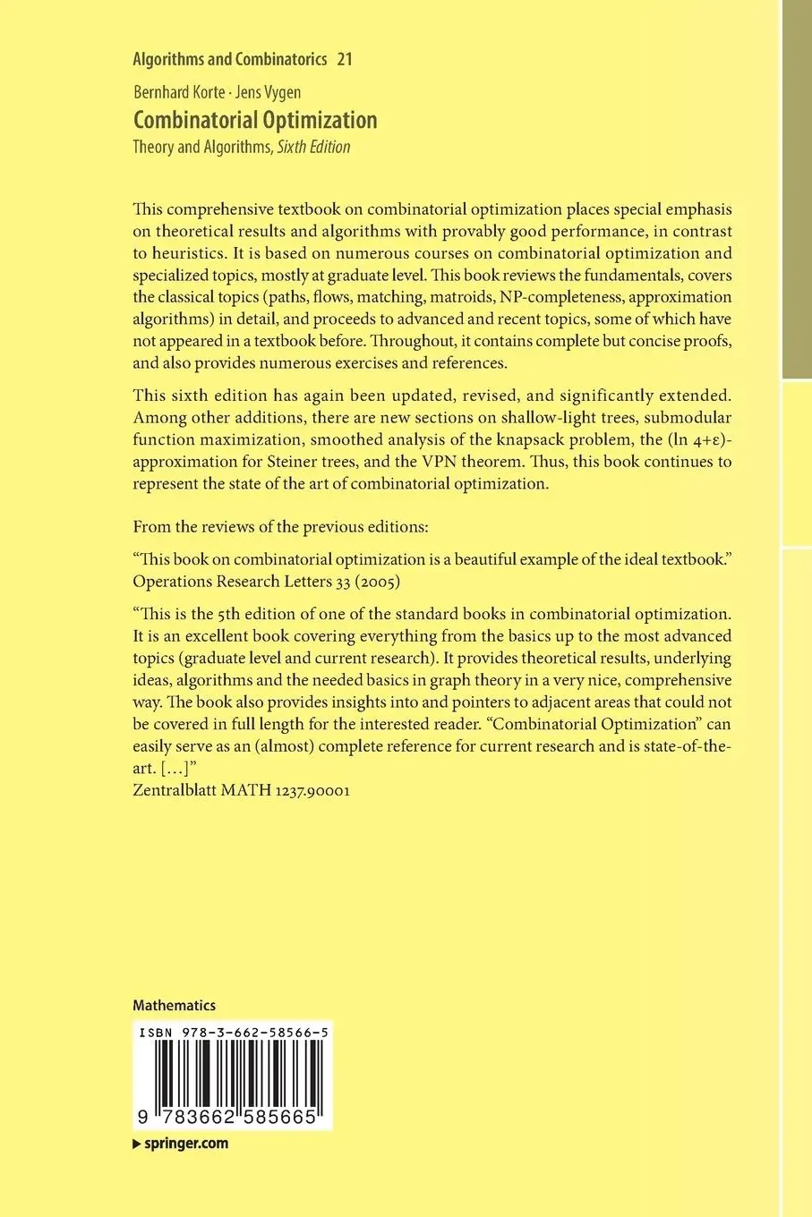 Rückseite: 9783662585665 | Combinatorial Optimization | Theory and Algorithms | Vygen (u. a.)