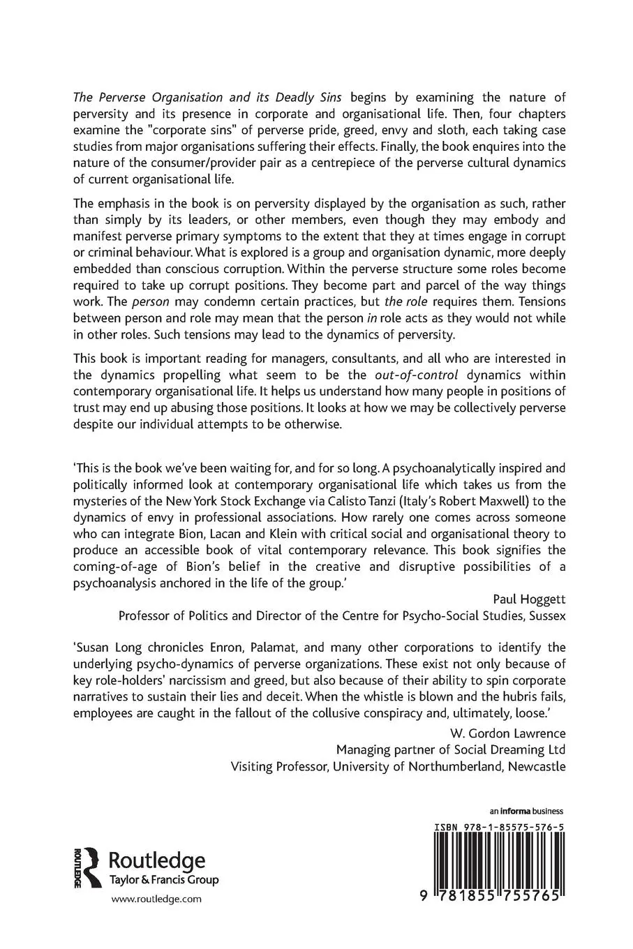 Rückseite: 9781855755765 | The Perverse Organisation and its Deadly Sins | Susan Long | Buch