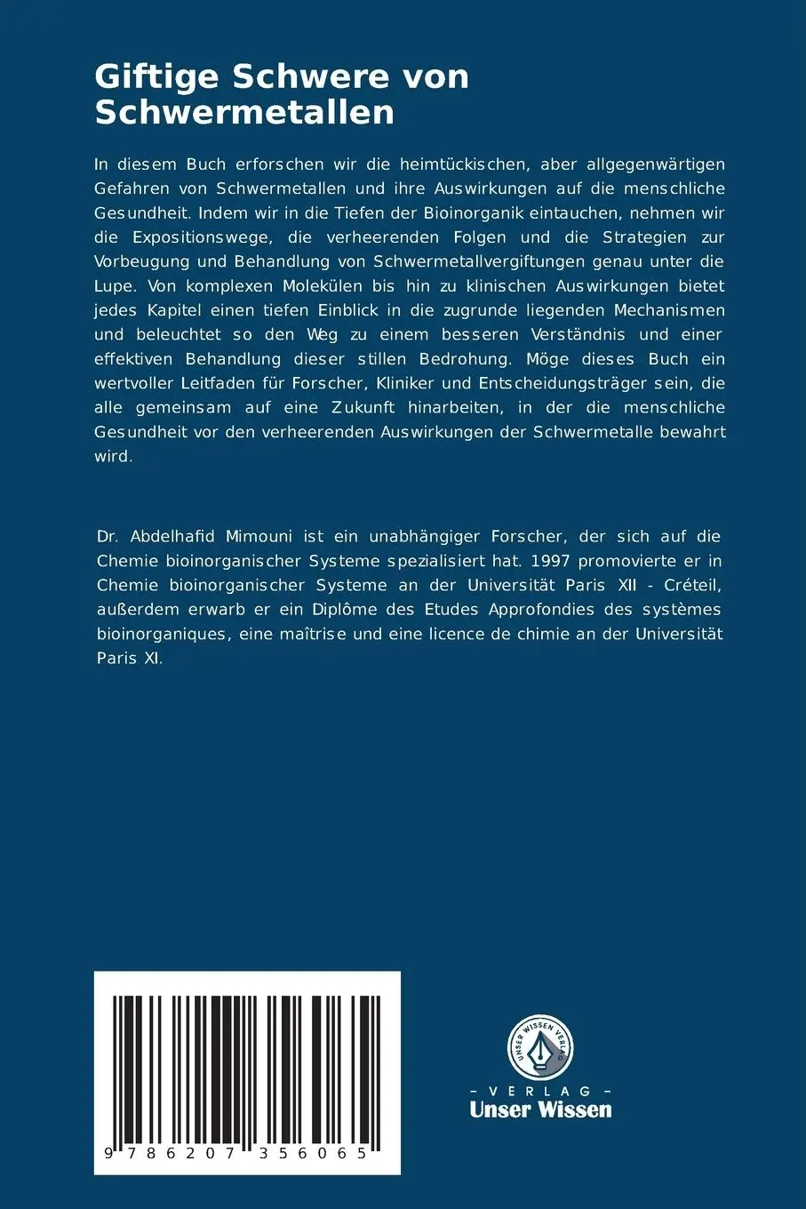 Rückseite: 9786207356065 | Giftige Schwere von Schwermetallen | Abdelhafid Mimouni | Taschenbuch