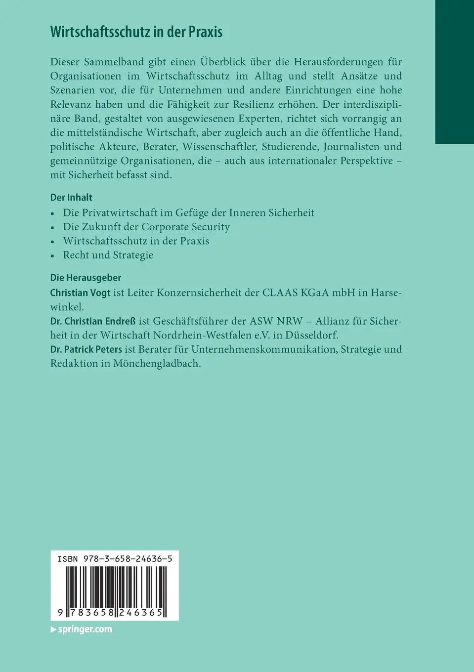 Rückseite: 9783658246365 | Wirtschaftsschutz in der Praxis | Christian Vogt (u. a.) | Taschenbuch