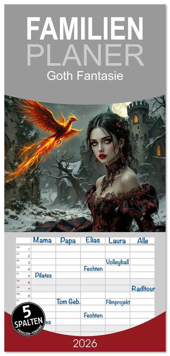Cover: 9783516616965 | Familienplaner 2026 - Goth Fantasie mit 5 Spalten (Wandkalender, 21...