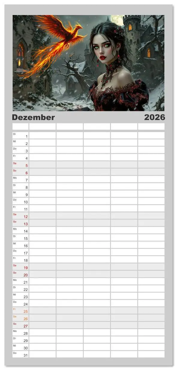 Bild: 9783516616965 | Familienplaner 2026 - Goth Fantasie mit 5 Spalten (Wandkalender, 21...