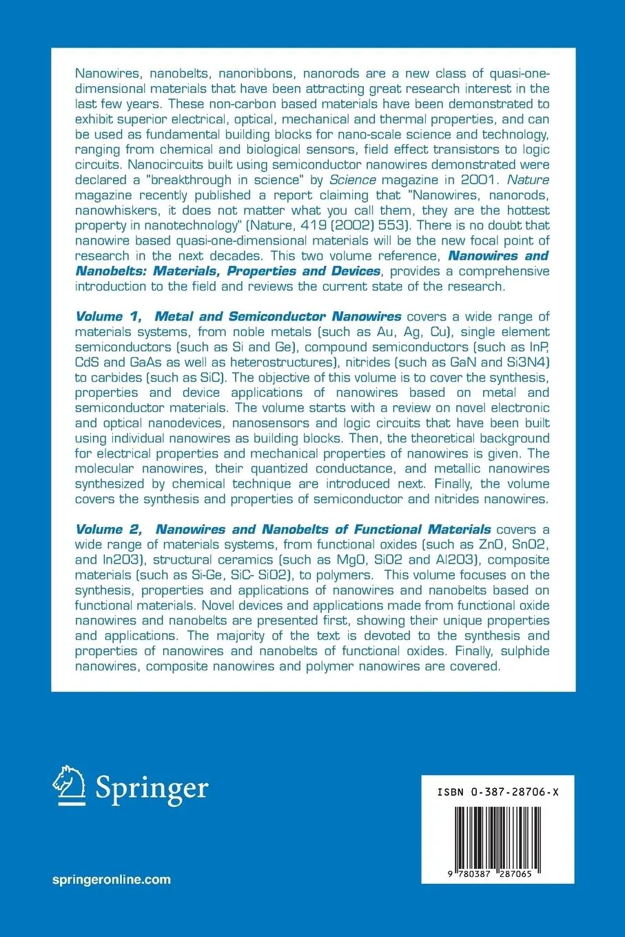 Rückseite: 9780387287065 | Nanowires and Nanobelts: Materials, Properties and Devices | Wang