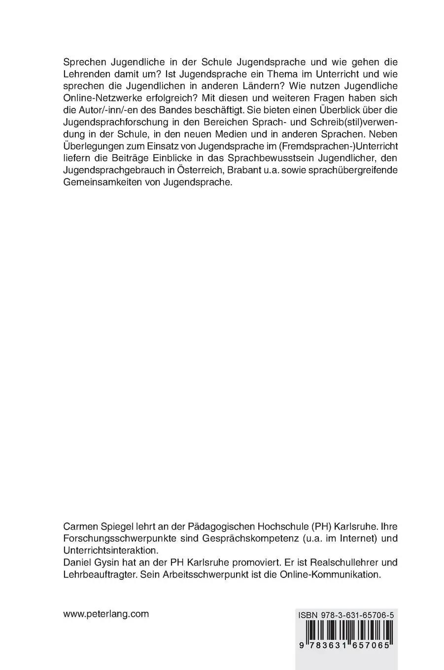 Rückseite: 9783631657065 | Jugendsprache in Schule, Medien und Alltag | Carmen Spiegel (u. a.)