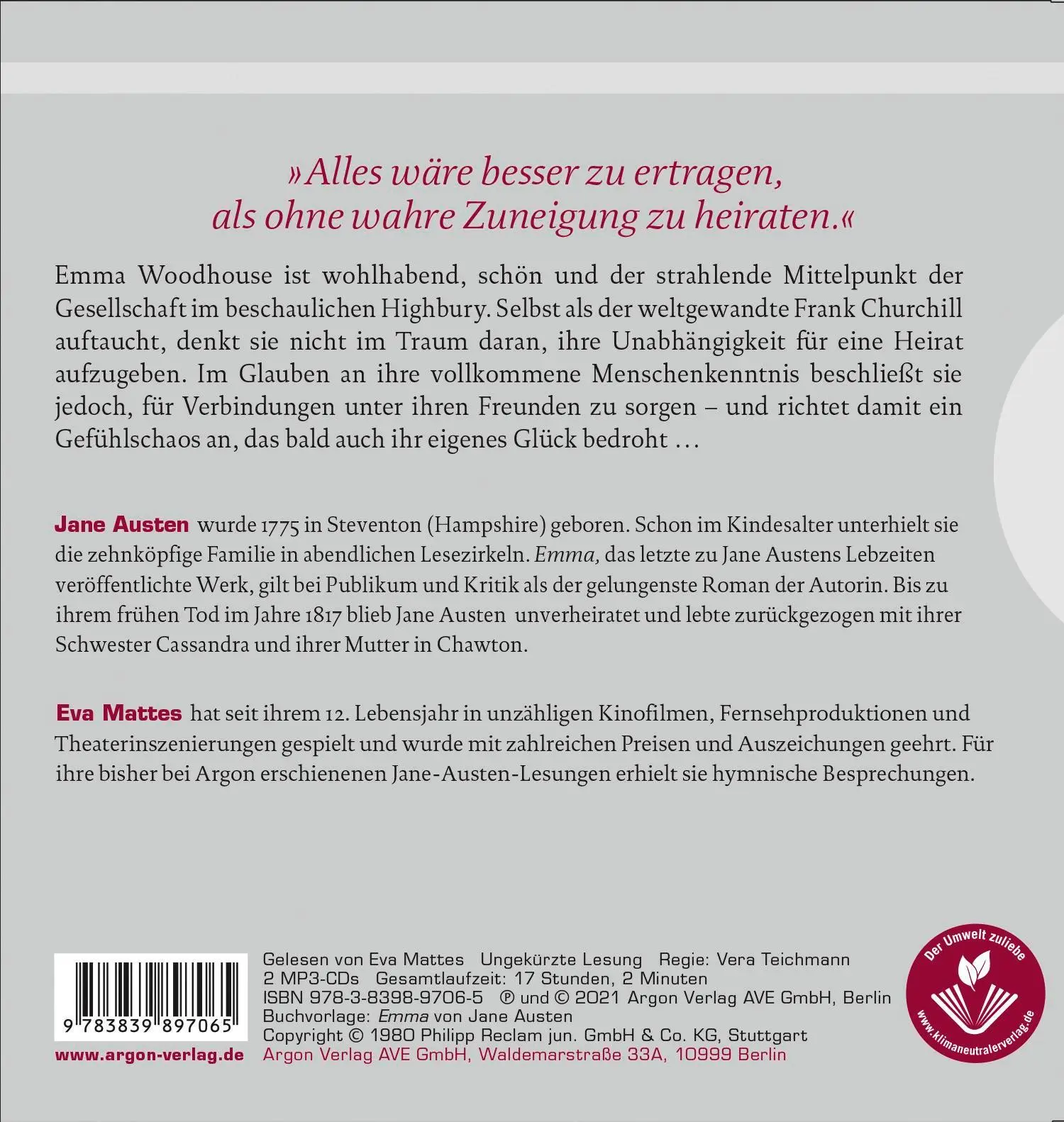 Rückseite: 9783839897065 | Emma | Jane Austen | MP3 | Deutsch | 2021 | Argon Verlag GmbH