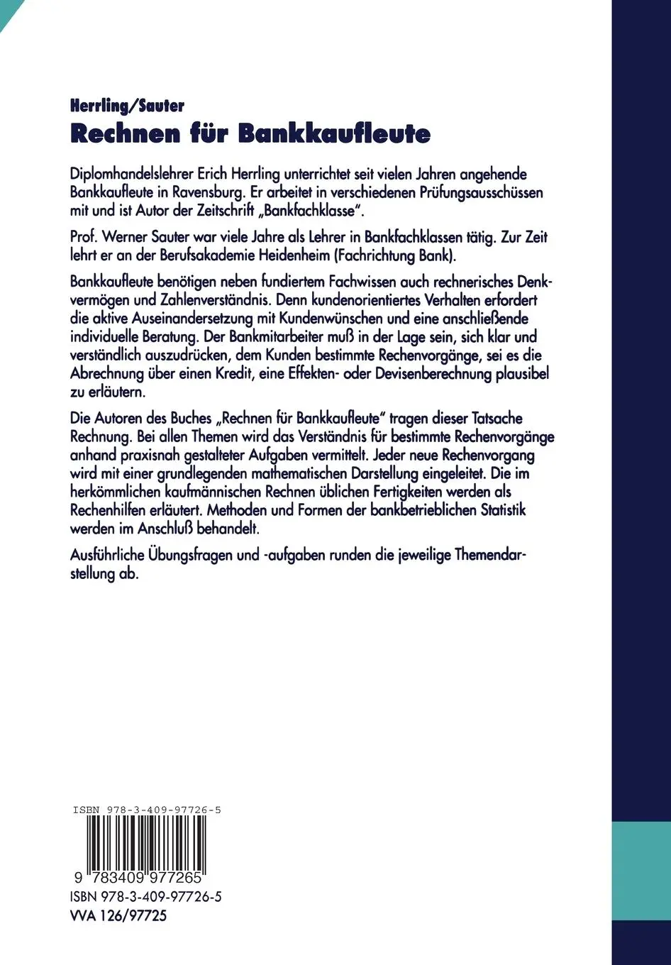 Rückseite: 9783409977265 | Rechnen für Bankkaufleute | mit Betriebsstatistik | Sauter (u. a.)