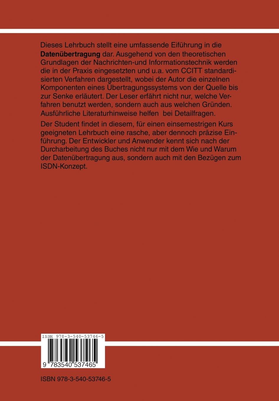 Rückseite: 9783540537465 | Datenübertragung | Eine Einführung | Kristian Kroschel | Taschenbuch