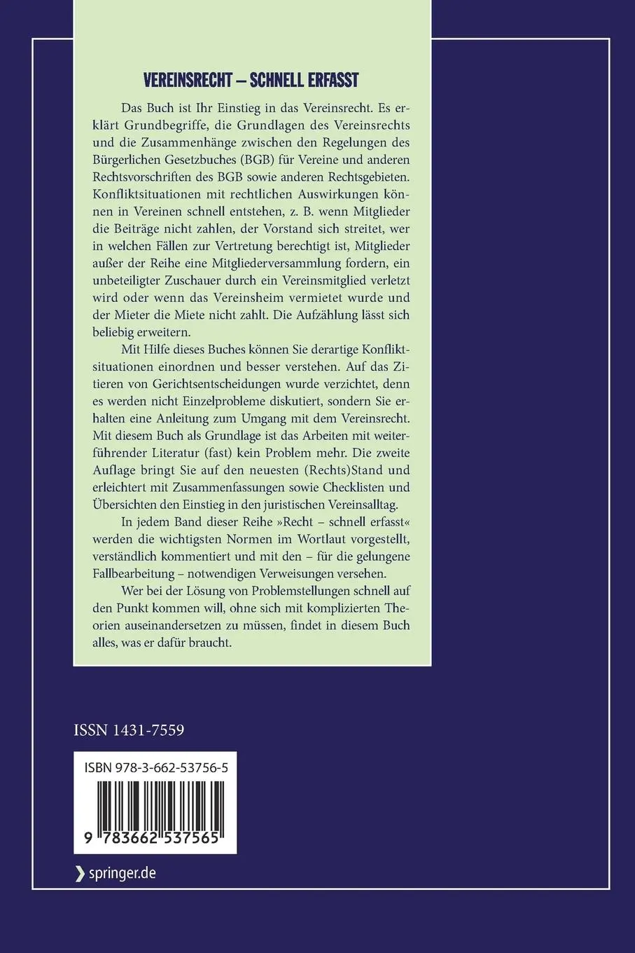 Rückseite: 9783662537565 | Vereinsrecht - Schnell erfasst | Ralph Jürgen Bährle | Taschenbuch