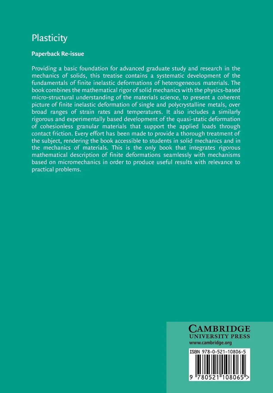 Rückseite: 9780521108065 | Plasticity | S. Nemat-Nasser (u. a.) | Taschenbuch | Englisch | 2008