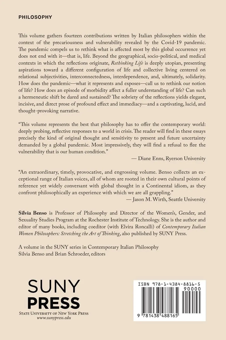 Rückseite: 9781438488165 | Rethinking Life | Italian Philosophy in Precarious Times | Benso