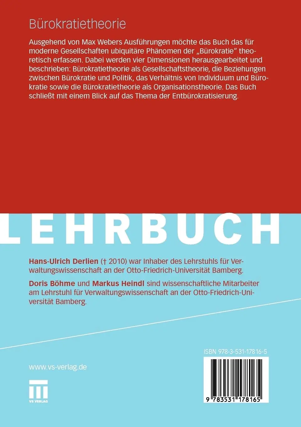 Rückseite: 9783531178165 | Bürokratietheorie | Einführung in eine Theorie der Verwaltung | Buch