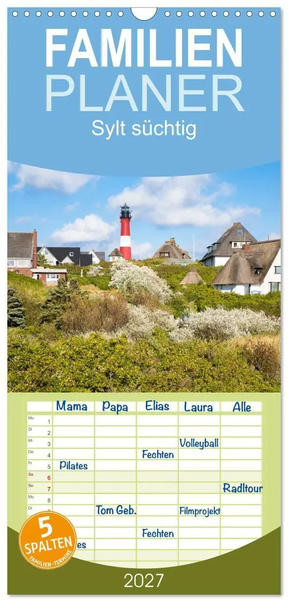 Cover: 9783594308165 | Familienplaner 2027 - Sylt süchtig mit 5 Spalten (Wandkalender, 21...