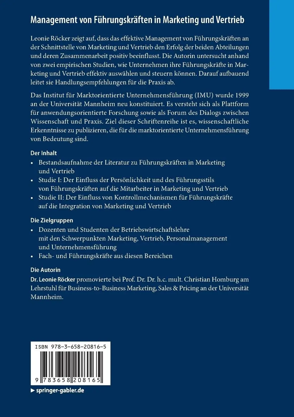 Rückseite: 9783658208165 | Management von Führungskräften in Marketing und Vertrieb | Röcker | xv