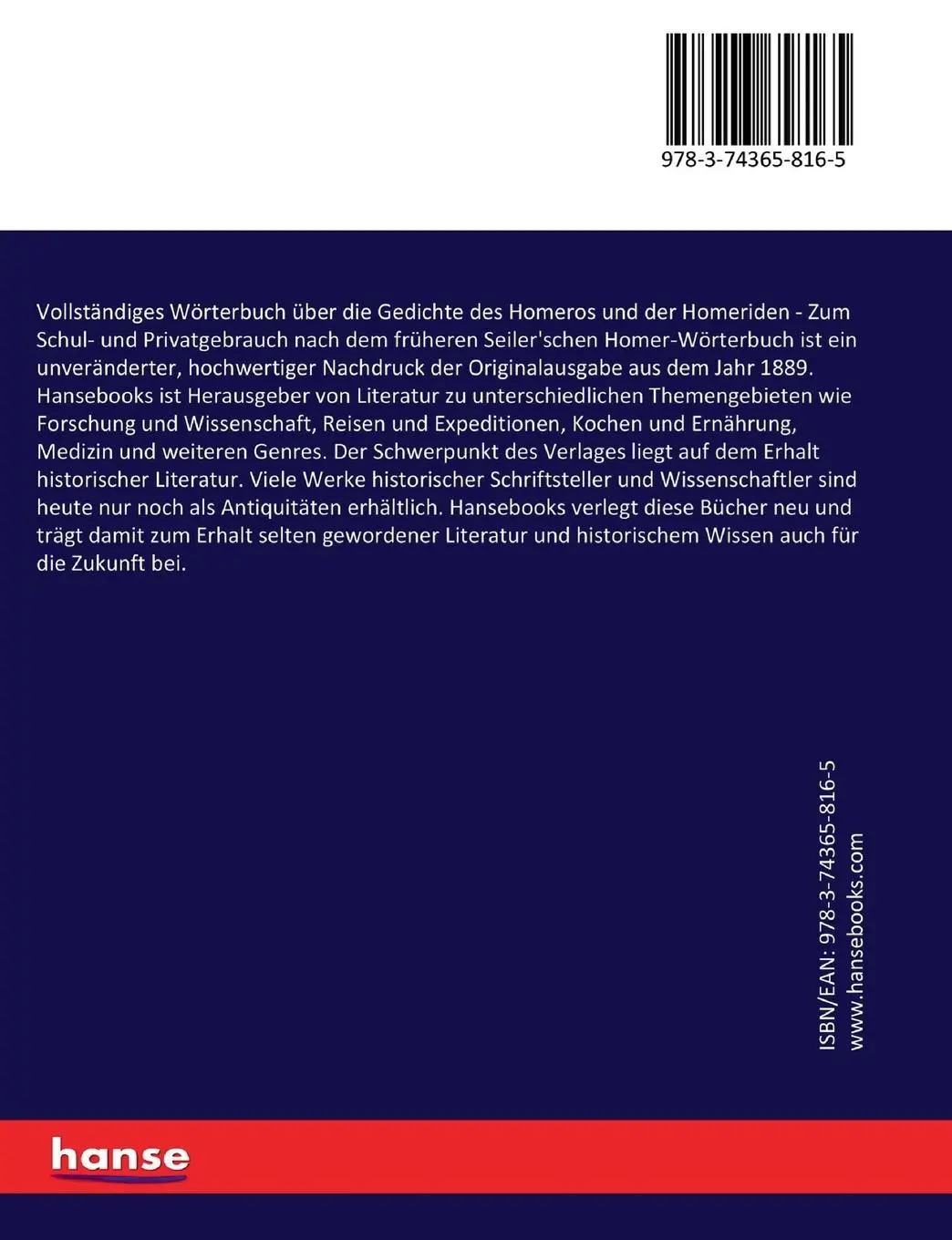 Rückseite: 9783743658165 | Vollständiges Wörterbuch über die Gedichte des Homeros und der...