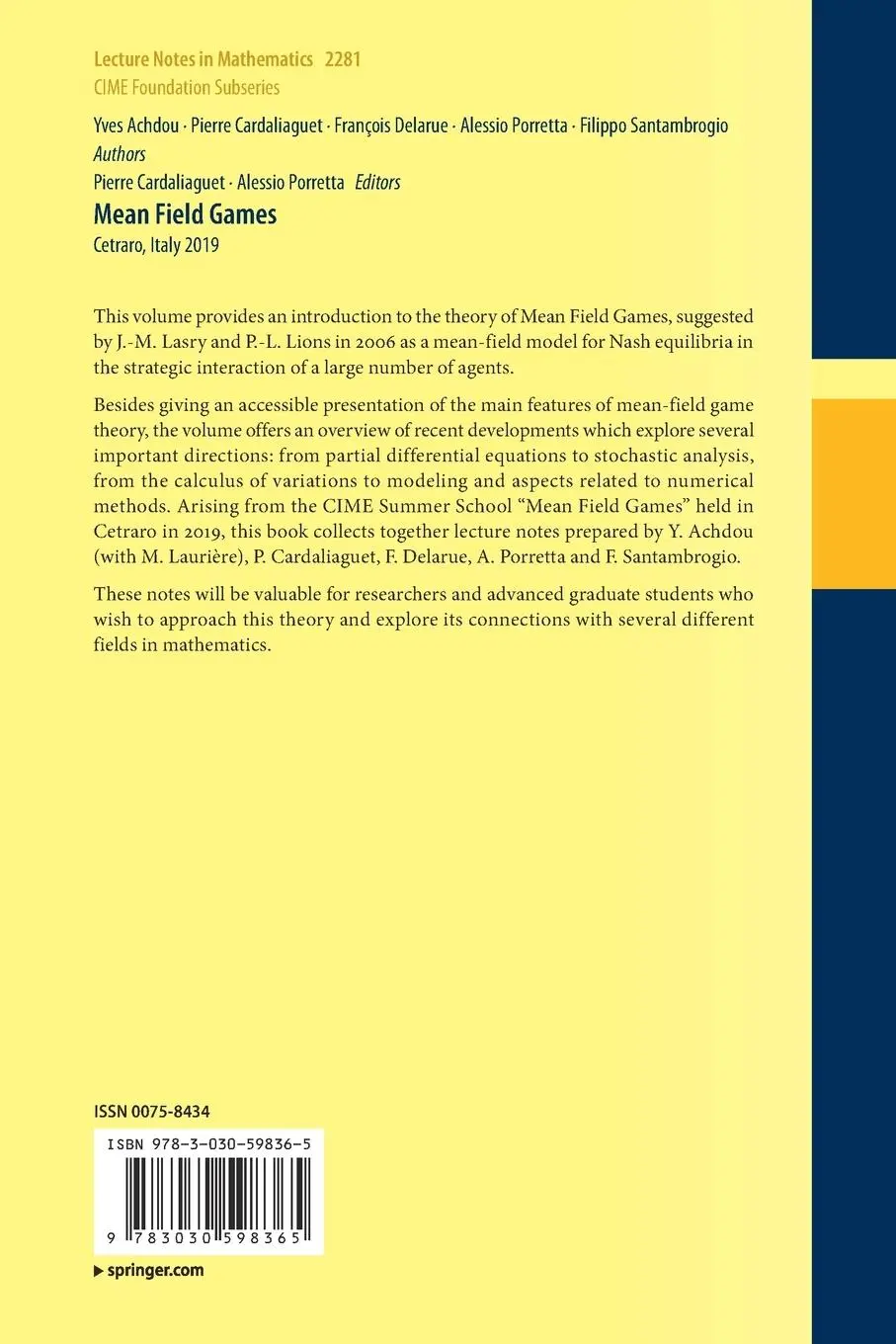 Rückseite: 9783030598365 | Mean Field Games | Cetraro, Italy 2019 | Yves Achdou (u. a.) | Buch