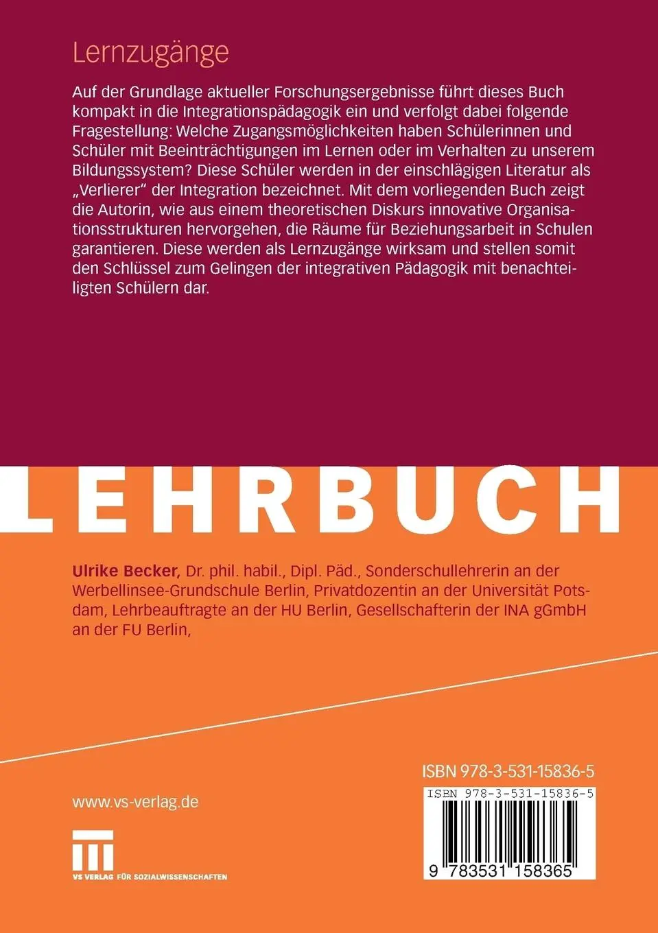 Rückseite: 9783531158365 | Lernzugänge | Integrative Pädagogik mit benachteiligten Schülern | x