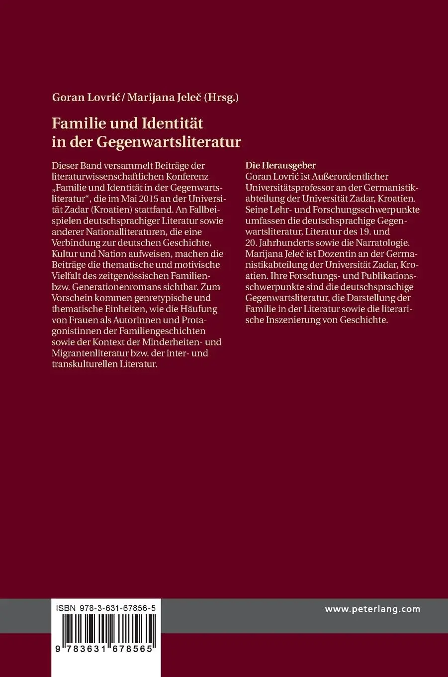 Rückseite: 9783631678565 | Familie und Identität in der Gegenwartsliteratur | Jele¿ (u. a.)