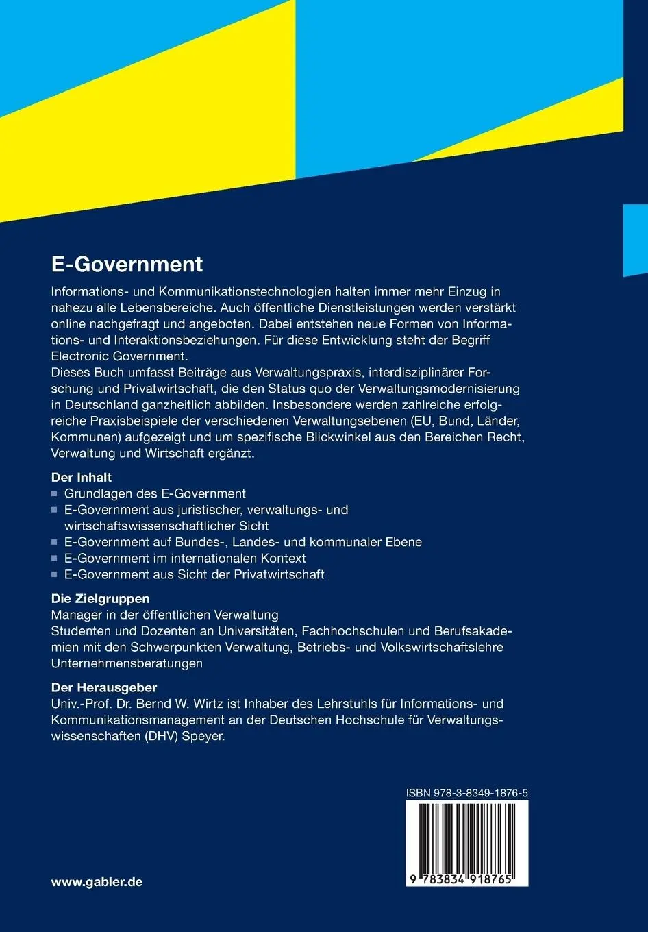 Rückseite: 9783834918765 | E-Government | Grundlagen, Instrumente, Strategien | Bernd W. Wirtz