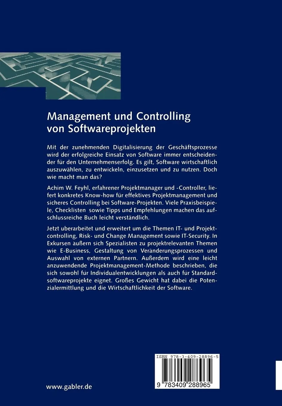 Rückseite: 9783409288965 | Management und Controlling von Softwareprojekten | Achim Feyhl | Buch