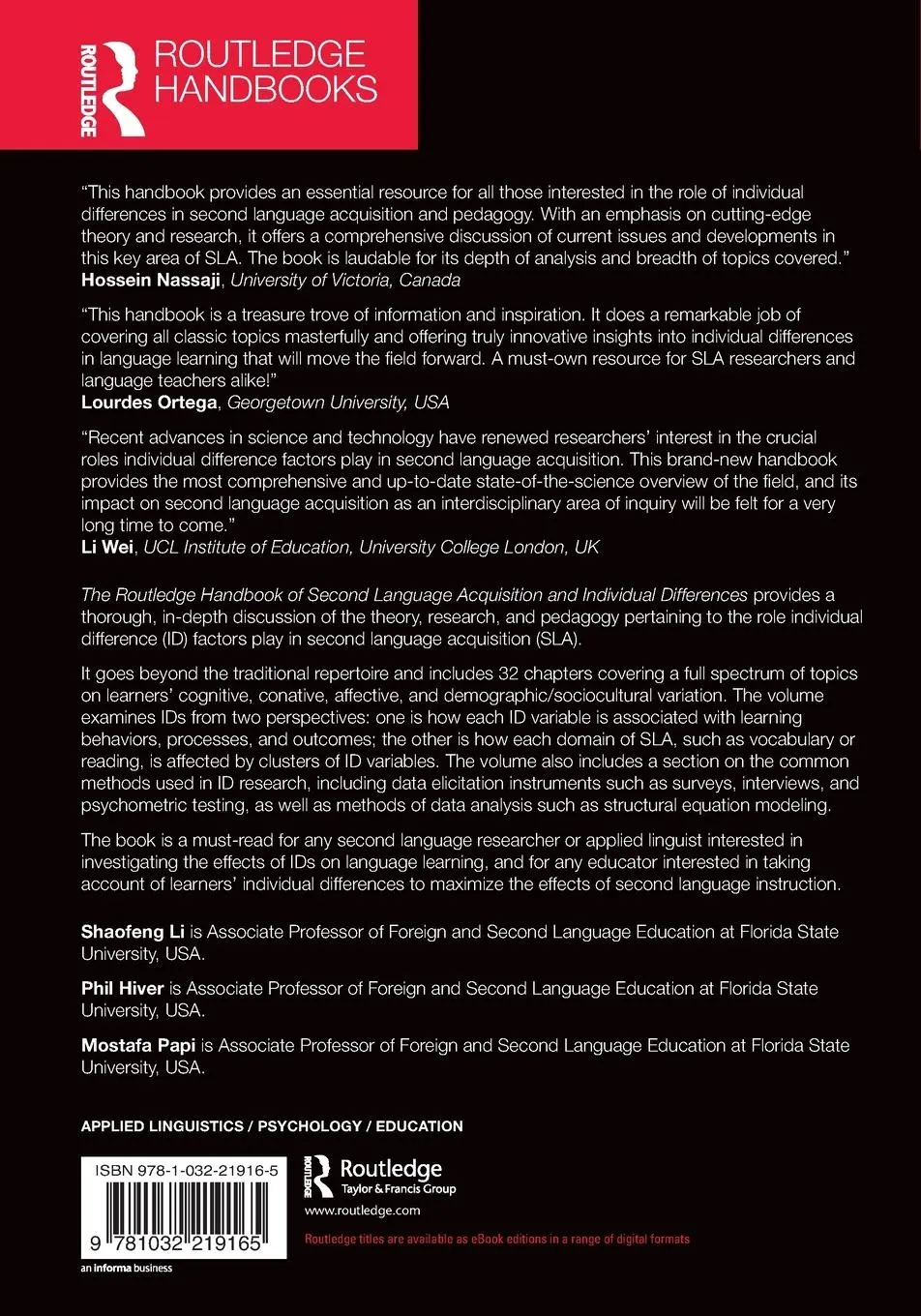 Rückseite: 9781032219165 | The Routledge Handbook of Second Language Acquisition and...