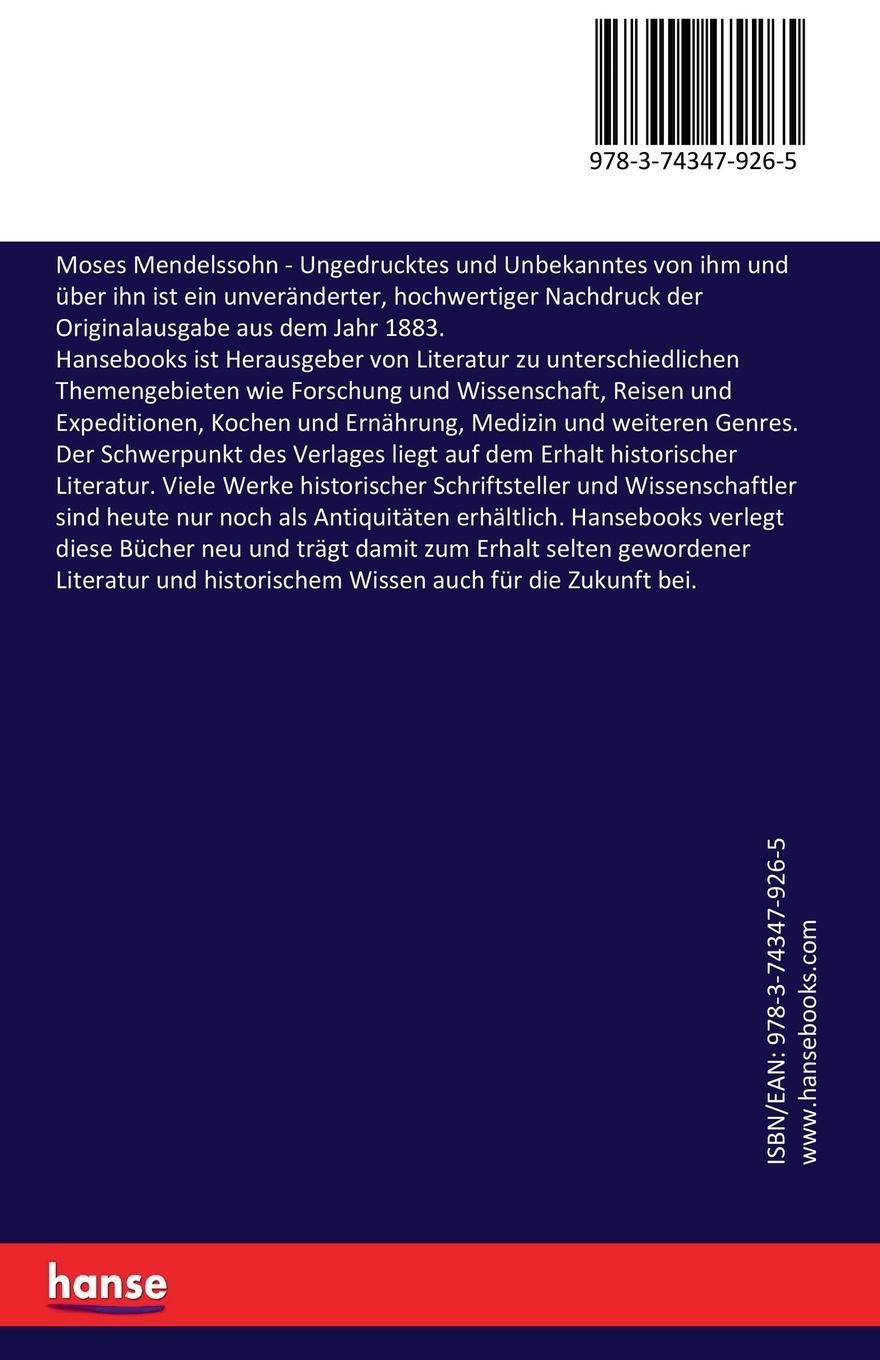 Rückseite: 9783743479265 | Moses Mendelssohn | Ungedrucktes und Unbekanntes von ihm und über ihn