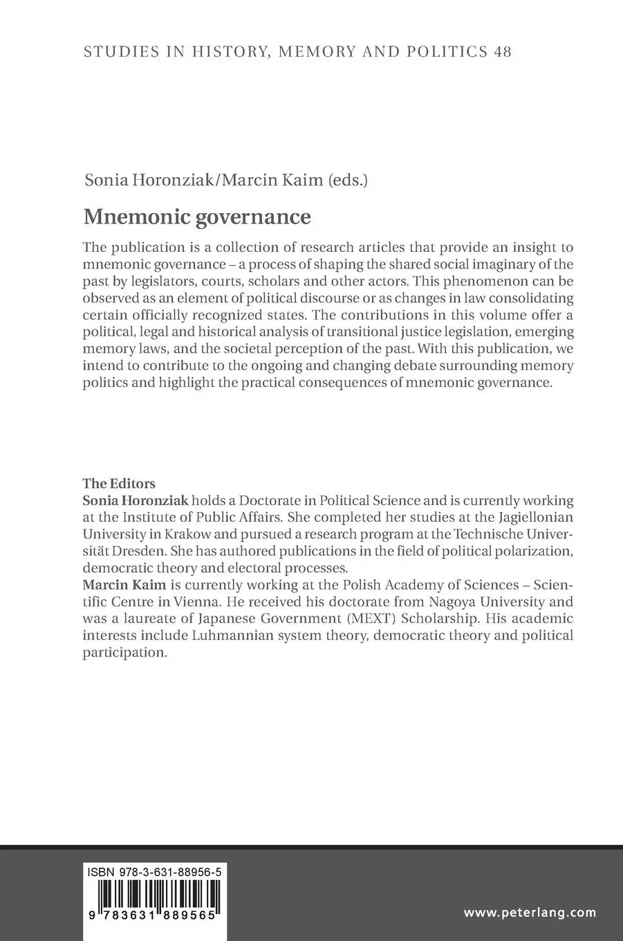 Rückseite: 9783631889565 | Mnemonic Governance | Sonia Horonziak (u. a.) | Buch | Englisch | 2023