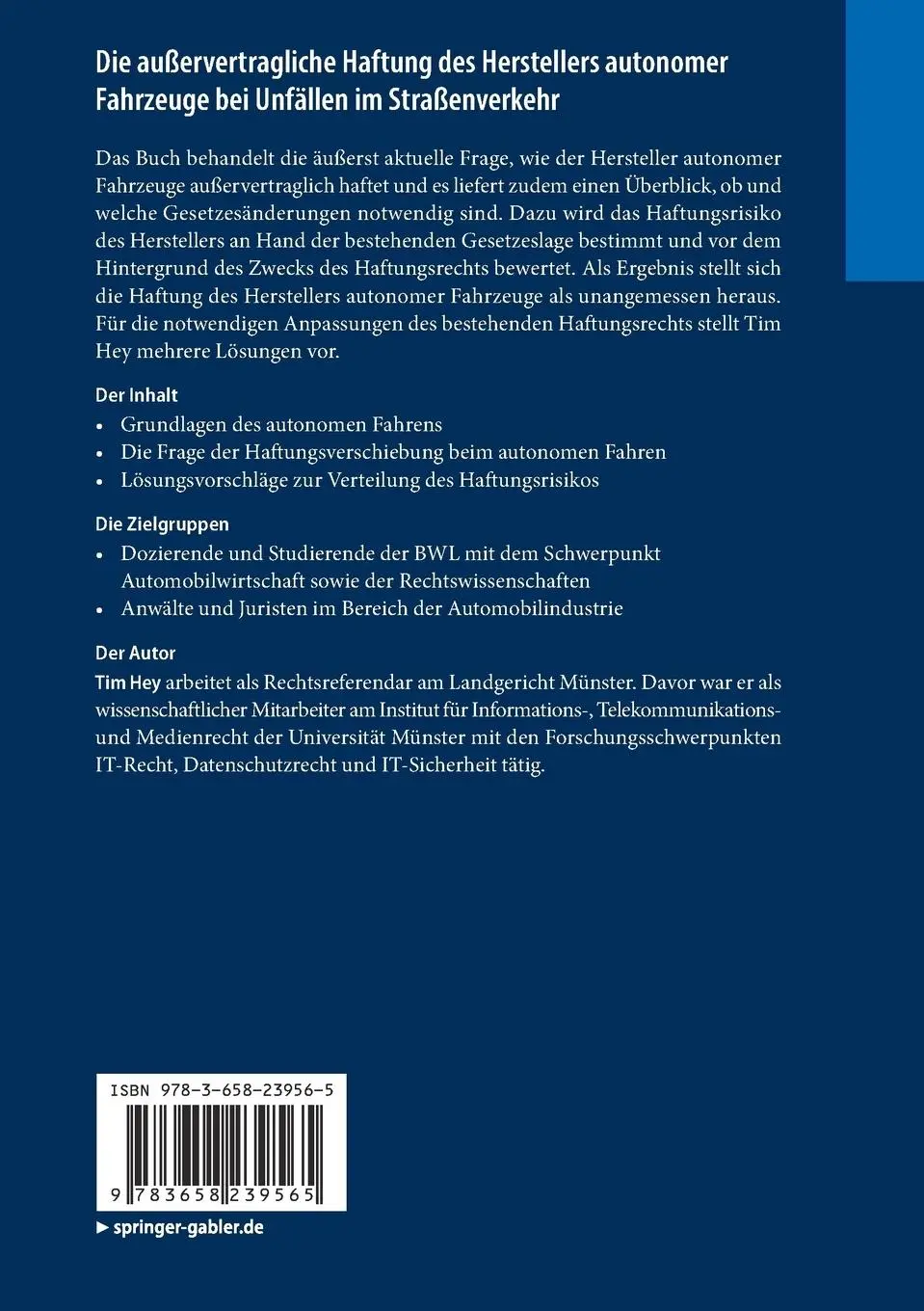 Rückseite: 9783658239565 | Die außervertragliche Haftung des Herstellers autonomer Fahrzeuge...
