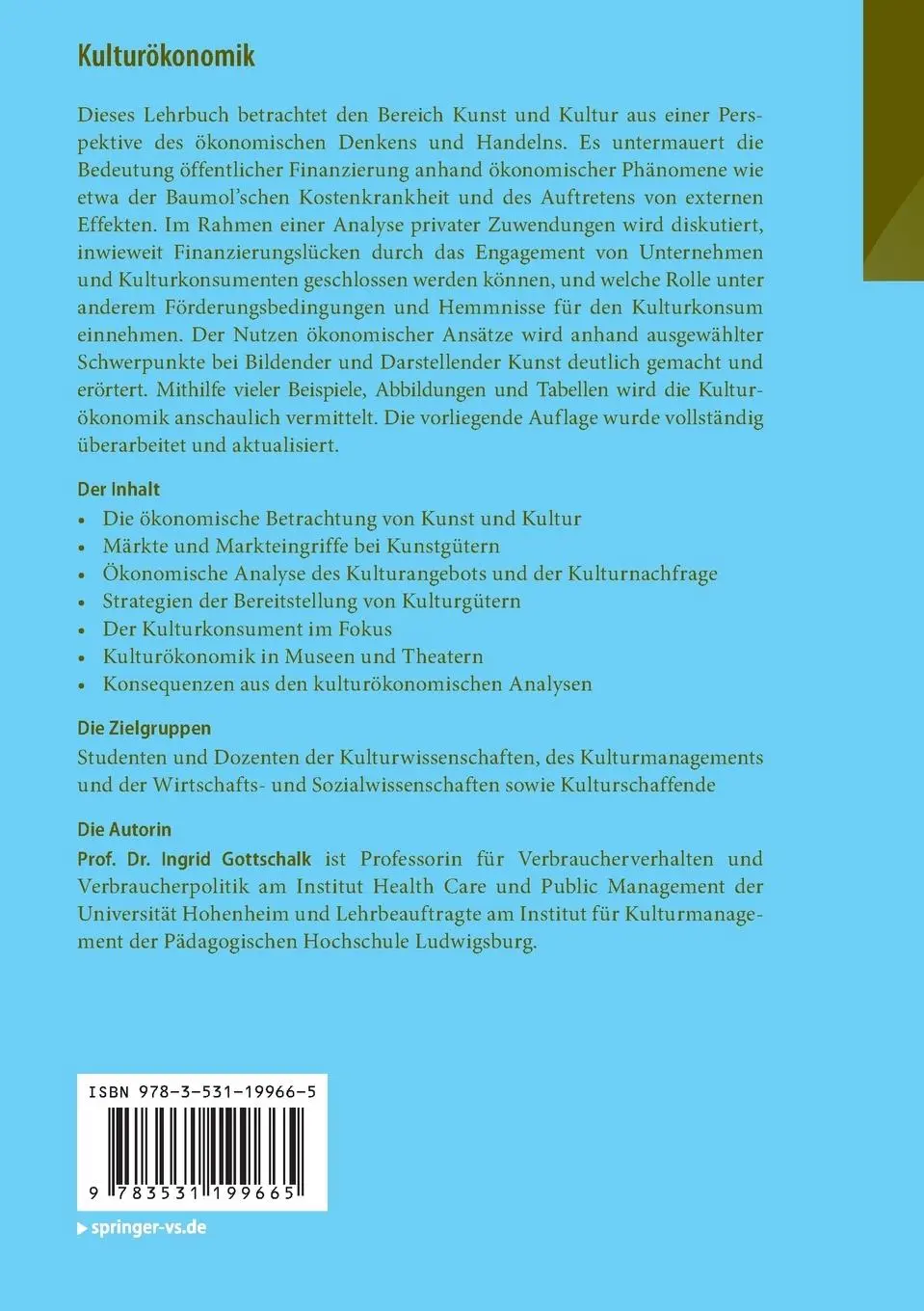 Rückseite: 9783531199665 | Kulturökonomik | Probleme, Fragestellungen und Antworten | Gottschalk