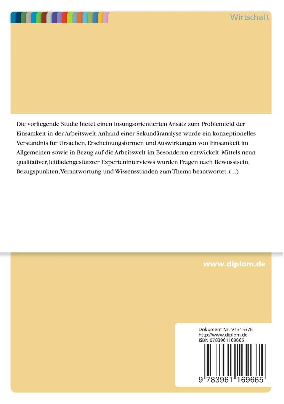 Rückseite: 9783961169665 | Einsamkeit in der Arbeitswelt | Laura Wittneben | Taschenbuch | 152 S.