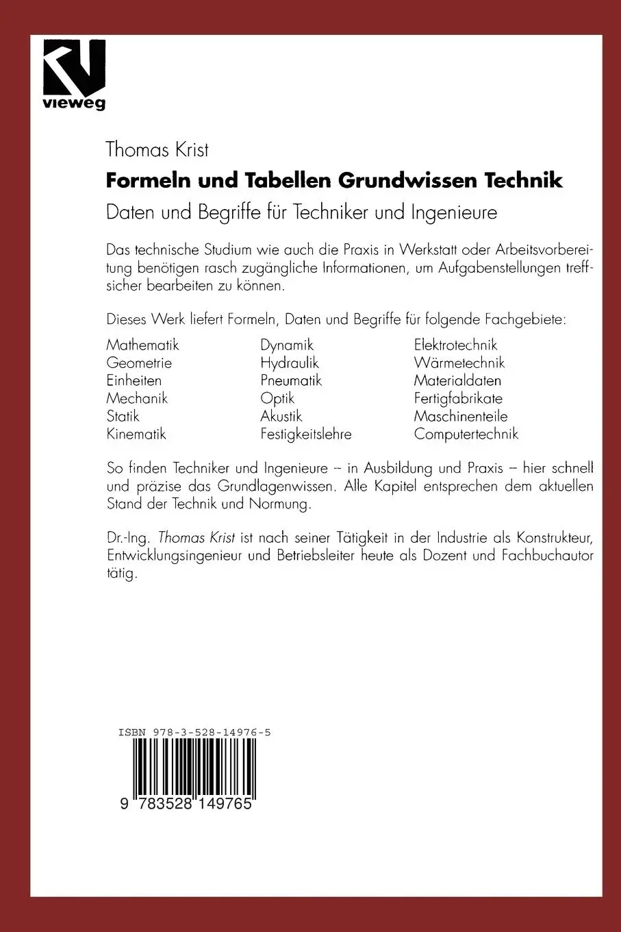 Rückseite: 9783528149765 | Formeln und Tabellen Grundwissen Technik | Thomas Krist | Taschenbuch
