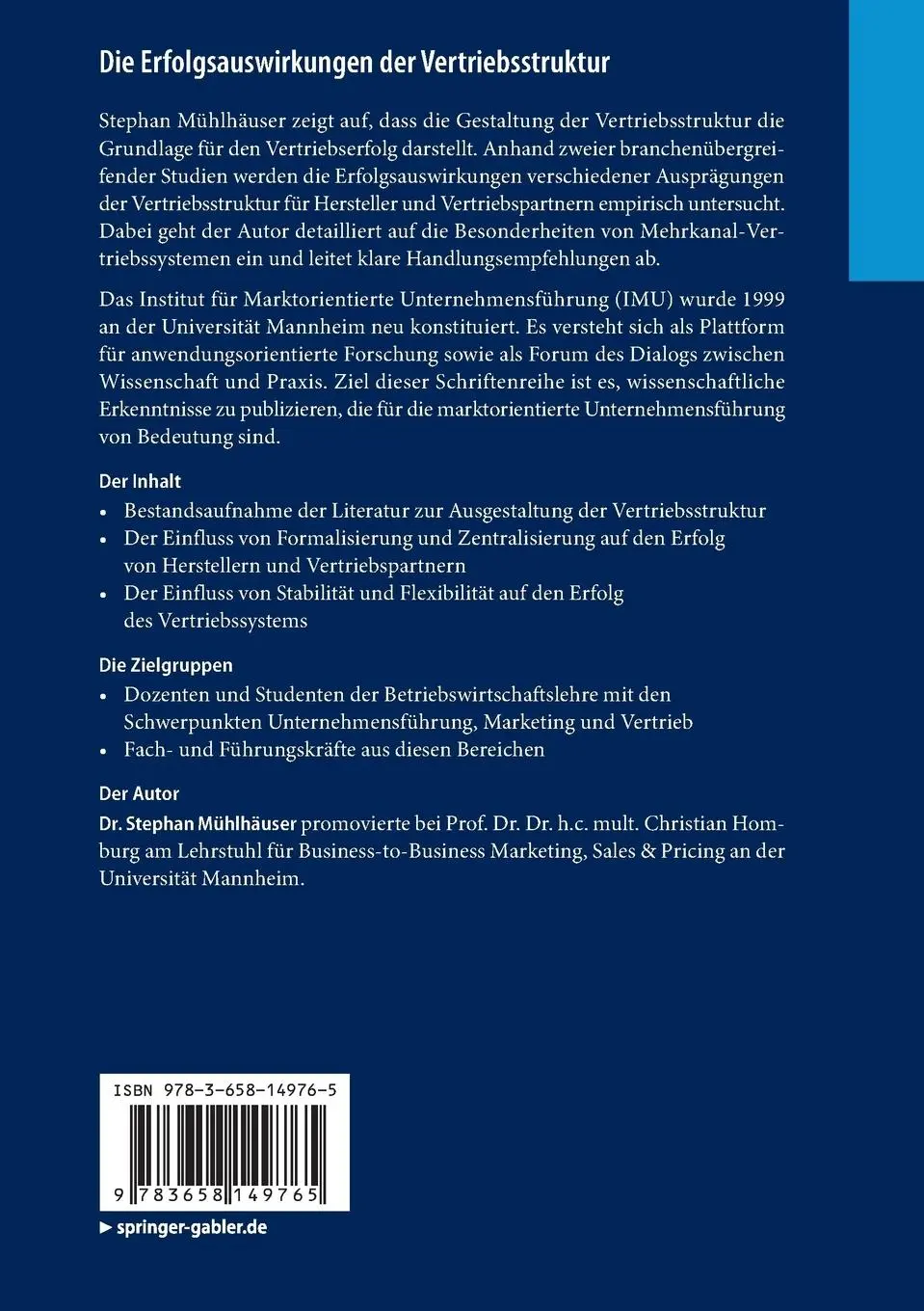 Rückseite: 9783658149765 | Die Erfolgsauswirkungen der Vertriebsstruktur | Stephan Mühlhäuser