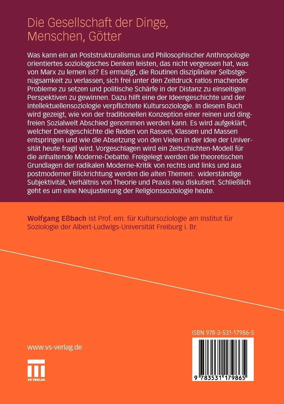 Rückseite: 9783531179865 | Die Gesellschaft der Dinge, Menschen, Götter | Wolfgang Eßbach | Buch